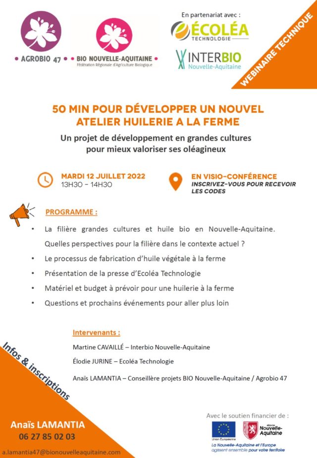 [WEBINAIRE TECHNIQUE] - 50 min pour développer un nouvel atelier huilerie à la ferme